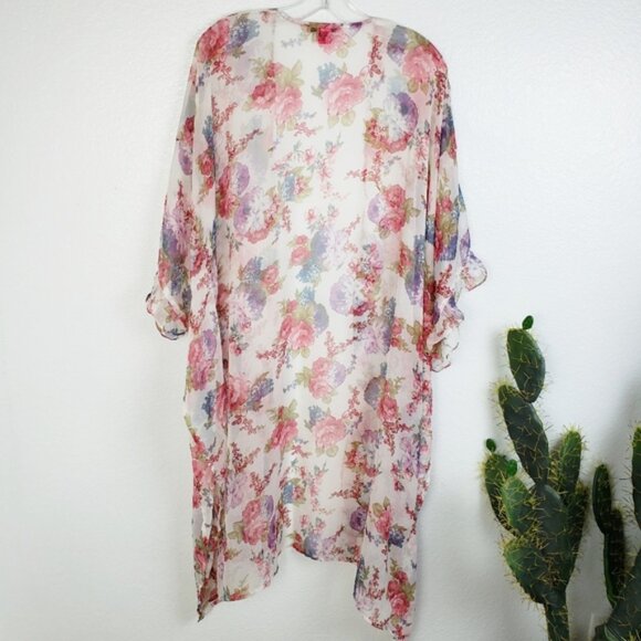 Betsey Johnson Floral Print Sheer Kimono Ruffled Swim Cover-up Loungewear O/S - Picture 8 of 12